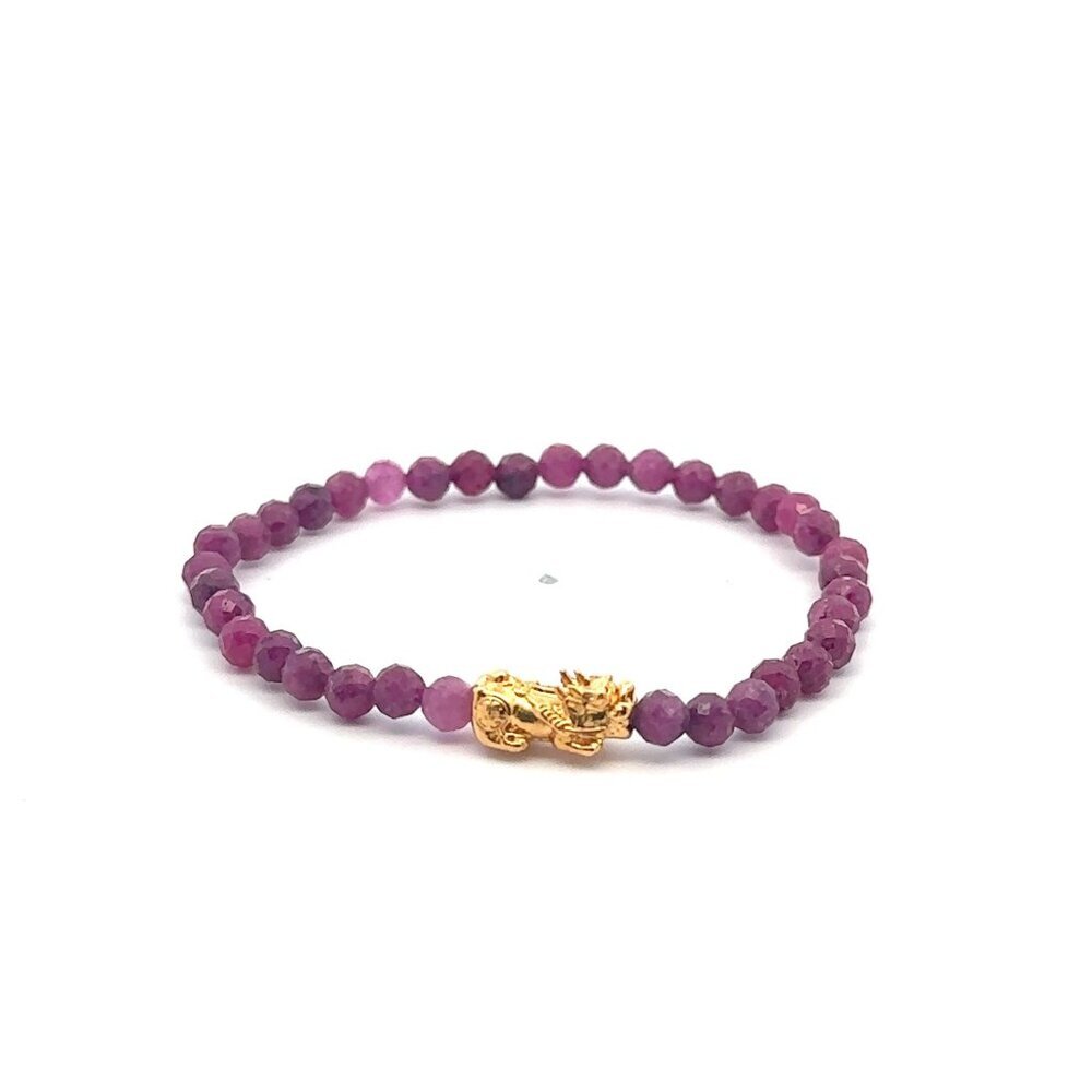18K Gold Pixiu Piyao Bracelet Gemstone Mini Beads Ruby Micro faceted 4mm July
